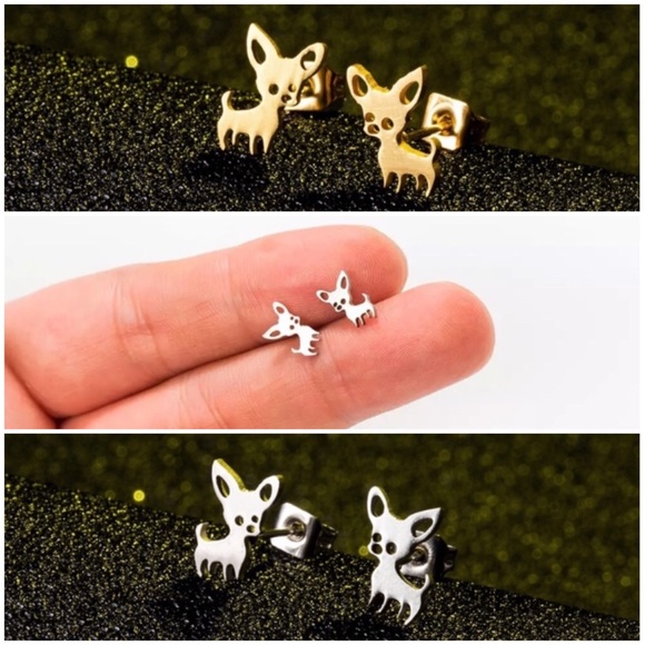 Silver Chihuahua Minimalist Stainless Steel Stud Earrings With Gift Bag - Picture 3 of 8